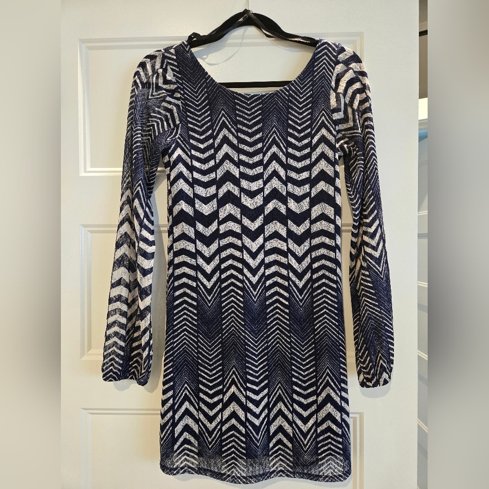 Fire Los Angeles Navy and White Chevron Long Sleeve Dress